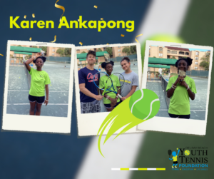 Three photos show Karen Ankapong on a tennis court: posing solo, holding a trophy, and standing with two people. The Delray Beach Youth Tennis Foundation logo is displayed.