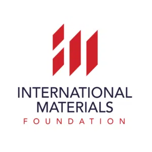 Logo of International Materials Foundation featuring three red vertical bars above the organization's name in blue and red text on a white background.