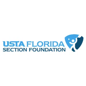 Logo of the USTA Florida Section Foundation featuring stylized blue and white text with an abstract tennis player figure in blue and white on the right side.
