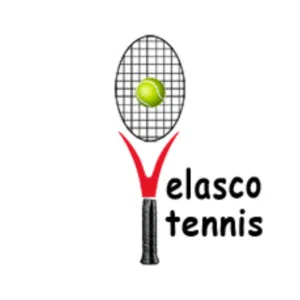 A tennis racket with a green ball on its strings above the text "Velasco Tennis" written in black, with the letter "V" in red, resembling part of the racket handle.