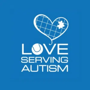 Blue logo with a heart-shaped tennis racket symbol and a puzzle piece. Below it is the text: "LOVE SERVING AUTISM" with a tennis ball forming the letter 'O' in "LOVE.