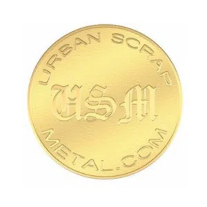 A gold coin with "USM" embossed in the center. The words "URBAN SCRAP METAL.COM" encircle the coin.