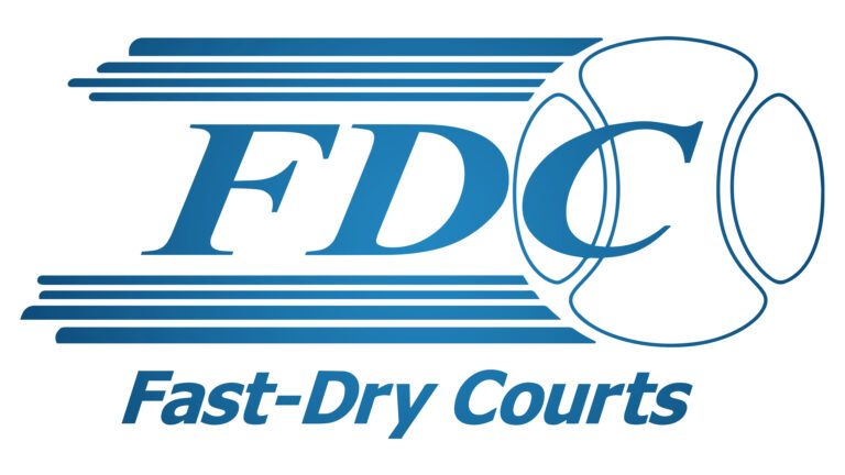 Logo of Fast-Dry Courts (FDC) with blue text and a stylized representation of a tennis ball on the right.